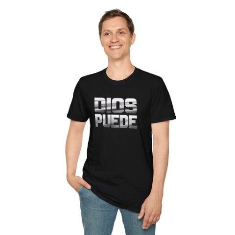 Dios Puede Black Unisex Tee on Model by Sanchez Here

