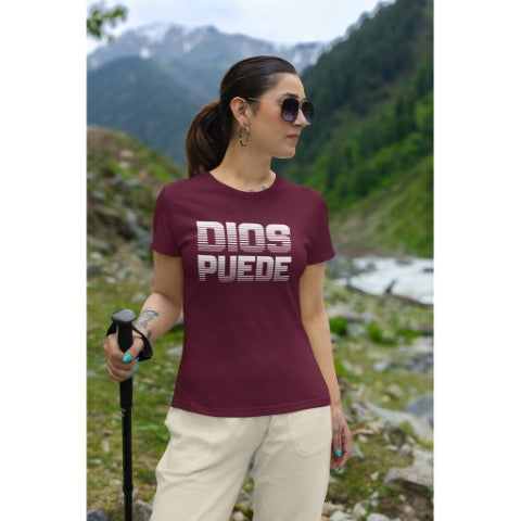 Dios Puede Maroon Unisex Tee On Model by Sanchez Here