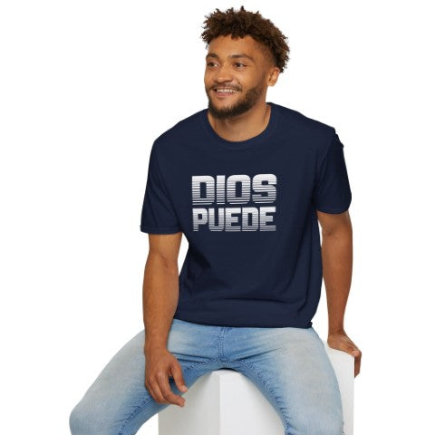 Dios Puede Navy Blue Unisex Tee On Model by Sanchez Here
