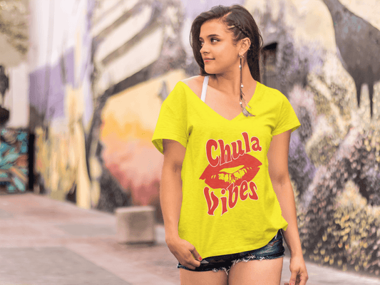 Yellow V-neck t-shirt with the text, "Chula Vibes" in red ink and an image of lips. This cute tee comes in sizes small thru 3XL. It is available at www.sanchezhere.com