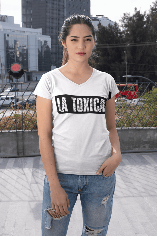 White V-Neck Women's T-shirt with the text "La Toxica" in black ink and in a very stylish streatwear design. This t-shirt comes in sizes sm-3xl and is available at www.sanchezhere.com
