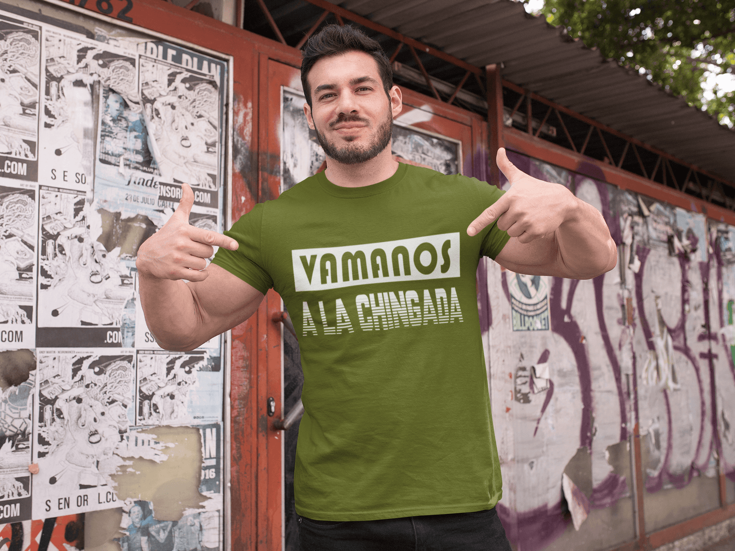 Army Green T-shirt with text, Vamanos A La Chingada in white. This tee is available in sizes, small thru 4XL and is available at www.sanchezhere.com