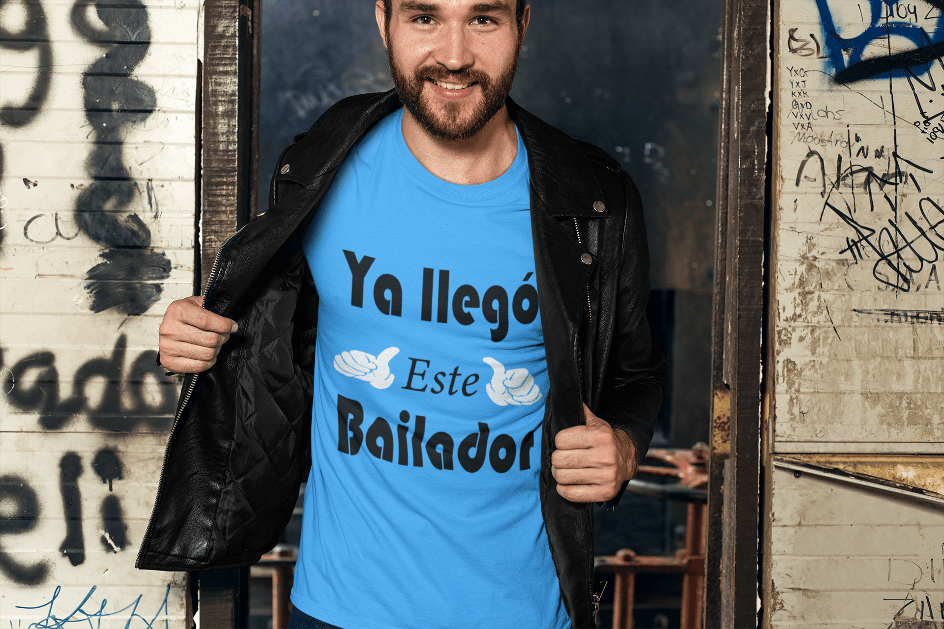 Light blue Men's T-shirt with the text, "Ya LLego Este Bailador" in black on it. This shirt comes in sizes small -4xl and is available at www.sanchezhere.com